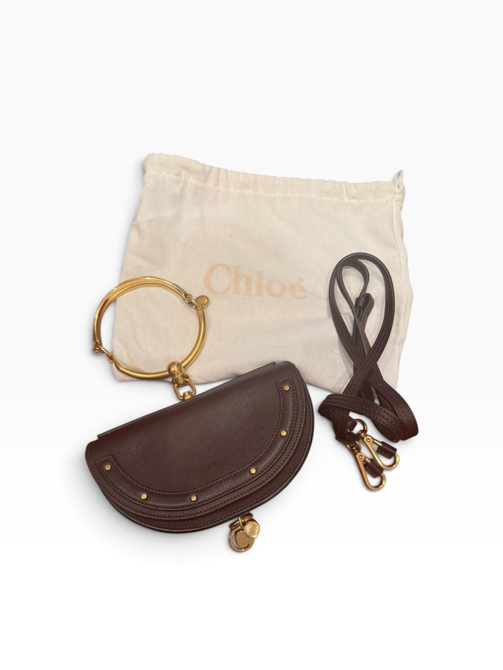 Brownish burgundy Chloe Leather Nile Minaudière with Gold Ring Handle